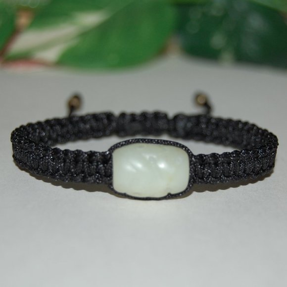Jade Bracelet,Light Green Jade Carved Charm,Drawstring Shamballa Bracelet - Picture 2 of 3